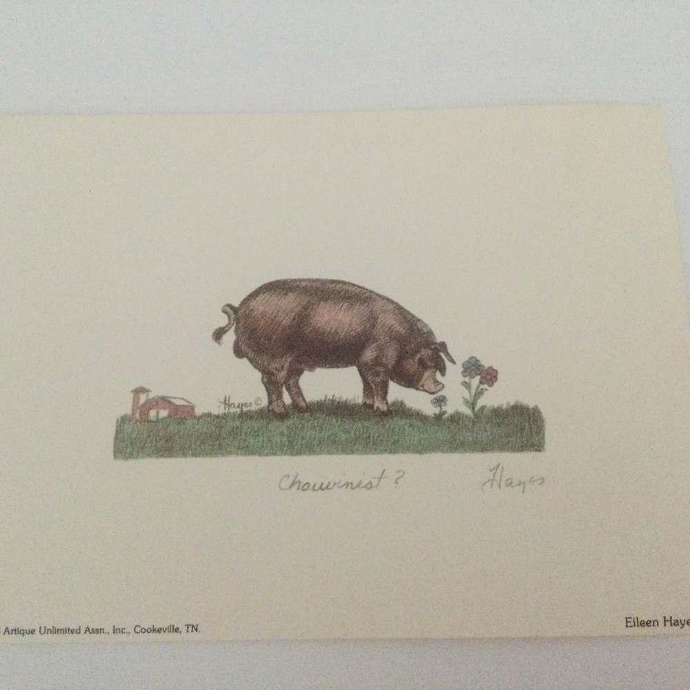 Vintage Eileen Hayes Art Print Pigs Titled Chowvinest?  Signed